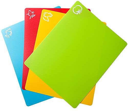 Carrollar Lot de 4 planches à découper en plastique souple avec icônes alimentaires, sans BPA, non poreuses, dos antidérapant, passent au lave-vaisselle