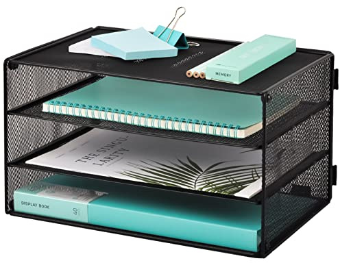 EASEPRES 3 Tier Mesh Desk Organizer Tray, File Paper Letter Folder Holder Desktop Paper Sorter Mail Organization Rack Storage Accessories, for Office Home School Classroom, Black