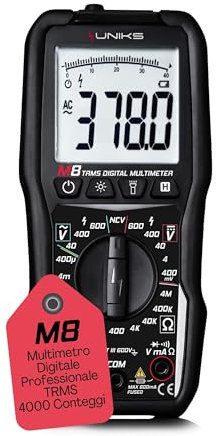 UNIKS - M8 Multimetro Digitale Professionale TRMS - Multimetro 4000 Conteggi - Tester Digitale Display LCD e Luce LED - Verificatore Professionale con funzione Bar-graph