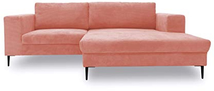 DOMO Collection Modica Ecksofa, moderne L-Form, kleine Ecke, Eckcouch, Sofa Eckgarnitur, Cord, rosa, 244x173x83 | Longchair rechts mit breitem Sitzbereich, moderne L-Form aus Cord mit schwarzem Metallfuß, 244 x 173 x 83 cm (BxTxH)