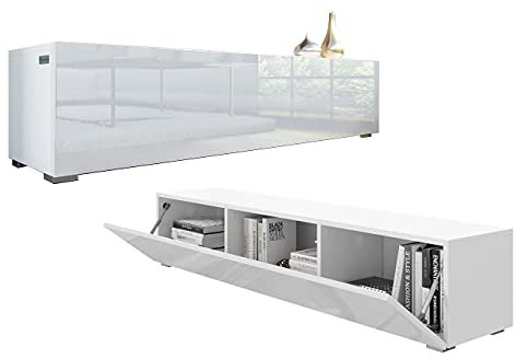 PLATAN ROOM Fernsehschrank TV-Lowboard 105/140 / 160/210 / 280 In Weiß Hängend Oder Stehend Hochglanz Matt (160 x 30 x 32, Weiss Matt/Weiß Hochglanz)