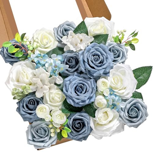 Serwalin Artificial Flowers Blue Fake Silk Foam Wedding Flowers for Bridal Bouquet White Roses with Stems for Home Party Decoration Faux Flower Table Centerpieces Arrangements for Baby Shower