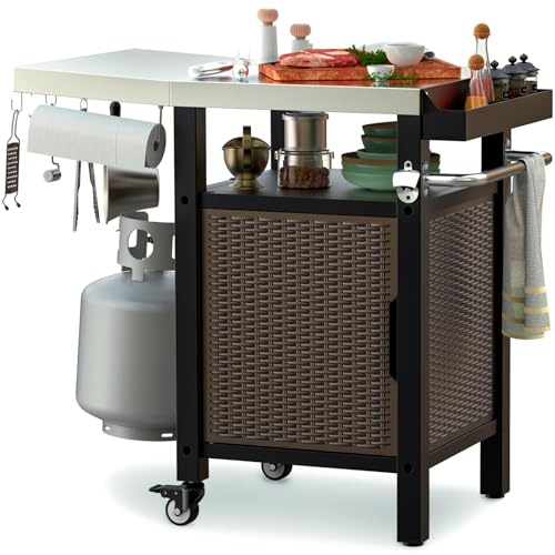 onlyfire 35 Inch Rolling Kitchen Island with XL Stainless Steel Top & Rattan Cabinet, Heavy-Duty BBQ Serving Cart for Indoor/Outdoor, Single Door Storage Worktable with Side Shelf & Wheels