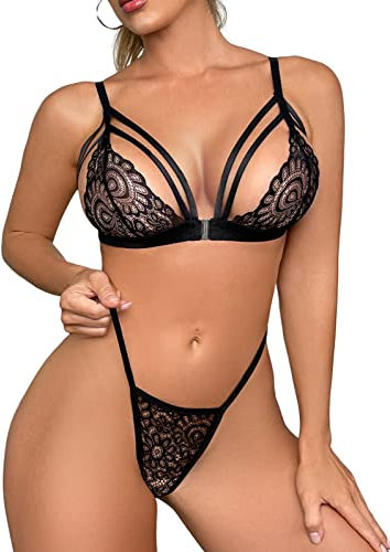 Niwicee Women Lace Lingerie Set Sexy Underwear 2 pieces Set with Open Front Lace Bra and Panty Set Strappy Babydoll Sleepwear Adjustable Lingerie Nightwear S-XL(Black,XL)