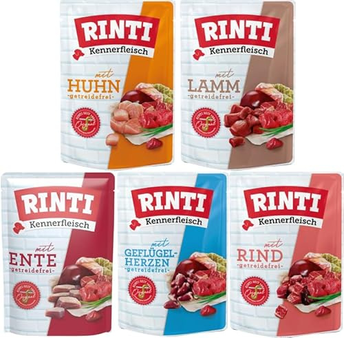Rinti-Kennerfleisch 20 x 400g Mixpaket | 4 garantierte Sorten | getreidefreies Nassfutter mit 70% Fleisch & Innereien | ohne Soja | Hundefutter