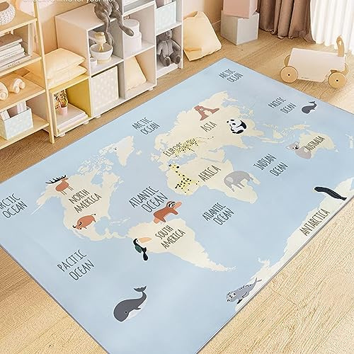 USTIDE Kinderteppich mit Weltkarte, niedlicher Tierteppich, pädagogischer Bodenteppich für Jungen und Mädchen, maschinenwaschbar, für Wohnzimmer, Schlafzimmer, Spielzimmer, 120 x 180 cm, Blau