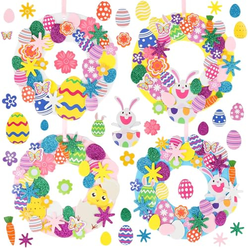 AILUYA 12 Stück Osterkranz Dekorationsset, Frühlings Osterdeko Anhänger mit Küken, Hasen & Ostereiern, Moosgummi Hängekranz für Osterdekoration