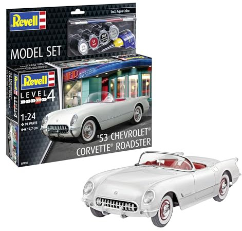 Revell Kit de modélisme 67718 '53 Chevrolet® Corvette® Roadster à l'échelle 1:24 en plastique non construit/non peint avec colle professionnelle Contacta, pinceau et peintures Aqua Color sélectionnées