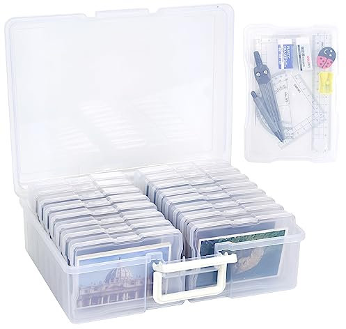 Scatola Porta di Foto, Organizzatore di Foto Plastica con 16 Portafoto Interni, Contenitore Stoccaggio Trasparenti per Artigianato Cancelleria, Ciascuno 17x12x3cm, Totale 38x31x13cm (Trasparente)