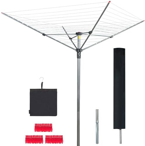 STO STO Tendedero de paraguas para lavandería, 4 brazos, 12 líneas con espacio de secado de 164 pies, marco de acero, altura ajustable, estante de secado giratorio para paraguas al aire libre, estante