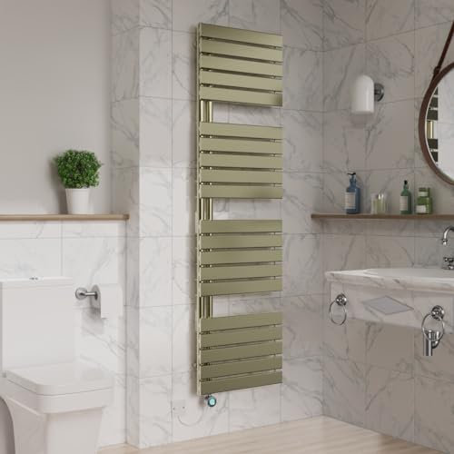 Warmehaus Prefilled Electric Heated Towel Rail with Timer Designer Flat Panel Thermostatic Bathroom Towel Radiator Brushed Brass 1800x500mm