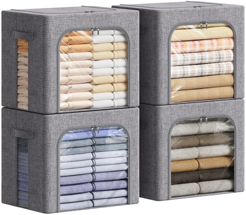 Lifewit Aufbewahrungsbox 40L, Kleidung Aufbewahrung, 4er Set, Hellgrau | Faltbare Kleideraufbewahrung mit Metallrahmen, Stoffbox mit Griffen & Fenster, Aufbewahrung Kleiderschrank mit Deckel