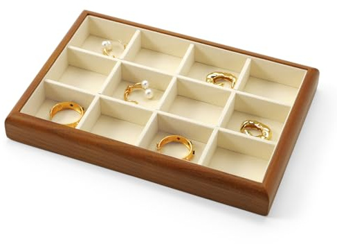 Papten Schmucktablett Holz, Schmuck Organizer Schmuckeinsatz Für 12 Fächer | Schmuckeinsatz für Schublade， stapelbare Schmucktablett ，Jewelry Tray， Schmuck Display 25x17x3cm，Beige