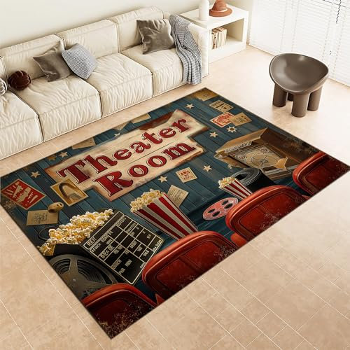 Wohnzimmer Braun Teppich 180 x 240 cm Retro Kinoplakat Waschbarer Flanell Teppich, Weicher Kurzflor rutschfest Krabbelmatte für Schlafzimmer Esszimmer Kinderzimmer Dekor