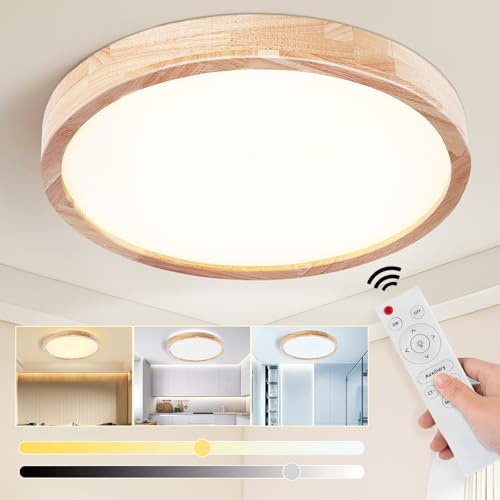 Glamexx24 Holz LED Deckenleuchte Rund Holz Lampe Ø40cm 3000-6000K 33W 2640LM dimmbar mit Fernbedienung modern schlicht für Schlafzimmer Wohnzimmer, Küche, Esszimmer, Haus, Büro