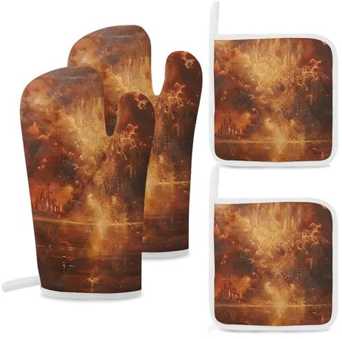 Ofenhandschuhe und Topflappen-Set, 4-teilig, hochhitzebeständig, Küchenhandschuhe und heiße Pads, Rauch- und Flammen, Ofenhandschuhe, rutschfest, wasserdicht, Topflappen zum Backen, Kochen, Grillen