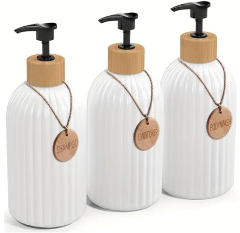 Dispensador Jabon Baño | Set de 3 Botes para Gel Champu y Acondicionador 500ML con 3 Colgantes de bambú | Este Dosificador Jabon Baño Color Blanco es Elegante y Realzará el Estilo de tu hogar