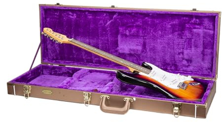 Crossrock Rectangular Wooden Electric Guitar Case for Fender Stratocaster & Telecaster | Chocolate Brown Finish, Purple Velvet Interior, Lock – Designer Series(CRW520ECB)