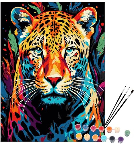 EXERZ Malen-nach-Zahlen-Set, 30 x 40 cm Leinwand mit Acrylpigmenten, Pinseln und Zubehör (Leopard)