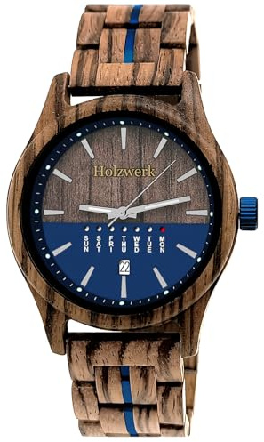 Holzwerk Germany Orologio da uomo fatto a mano ecologico in legno orologio da polso marrone blu faggio oro nero argento zebra colorato modello analogico al quarzo visualizzazione data e giorno della