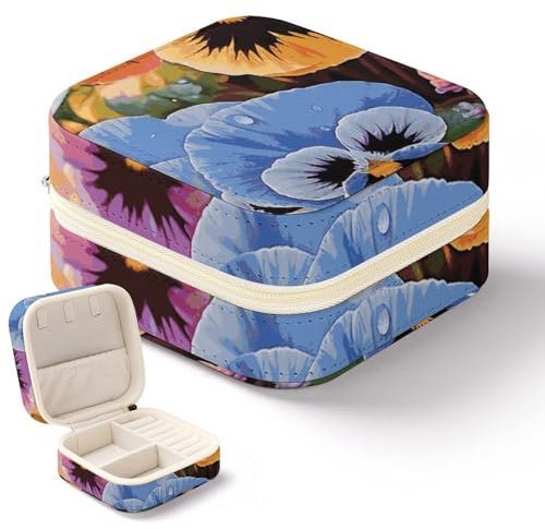 GHEPSDW Schmuckkästchen mit Stiefmütterchen-Blumen, klein, Reise-Schmuck-Organizer, tragbar, Mini-Aufbewahrungsbox, für Ringe, Ohrringe, Halsketten