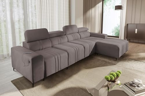 All4All Ecksofa mit Schlaffunktion Fabio XII 340 cm x 183 cm - Eckcouch mit Bettkasten - Wohnlandschaft in L-Form - Modern- Loft Stil - XXL Sofa - Seite Rechts - Taupe - Easy Clean Stoff 26