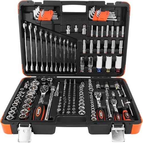 REALTEK 178 Pieces Socket Wrench Set 1/43/81/2,CR-V Metric Wrench Set with Extension Bar,Quick-Release Ratchet Wrench with Bit Socket Set for Auto Repairing,Household and Workshop,Durable Tool Box
