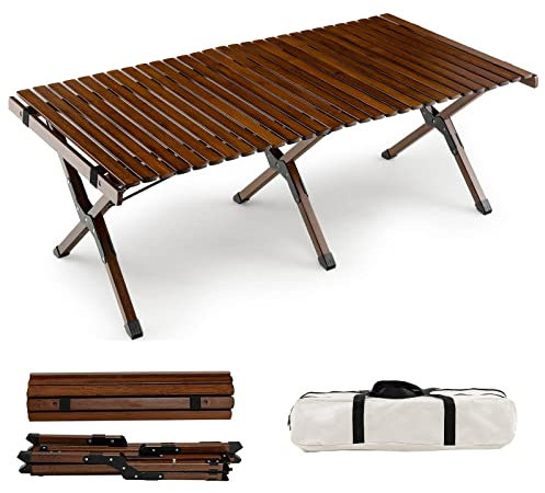 Tragbarer Campingtisch aus Bambus für 4 6 Personen, 122 x 60 cm, aufrollbarer Tisch mit Tragetasche, niedrige Höhe, Bodentisch für drinnen und draußen, Grillen, Angeln, Reisen, rustikales Braun