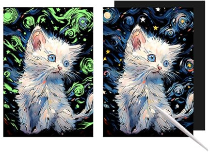 BYNYXI Magisches Nachtlicht Kratzbilder Set mit Leuchteffekt - Kreatives Kunstpapier zum Kratzen - Entspannendes Bastelset für Erwachsene Weiße Katze