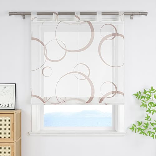 ESLIR Raffrollo mit Schlaufen Modern mit buntes Blasenmuster Raffgardinen Transparent Bändchenrollo für Fenster Voile Schlaufenrollo Wohnzimmer Braun BxH 120x150 cm 1 Stück