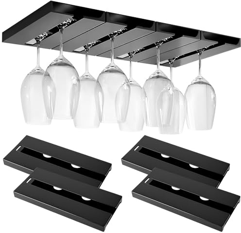 COZHYESS 4 Stück Weinglashalter, Glashalter Hängend, Stemware Gläserhalter, Weingläser Halter Unter Dem Schrank, Schraubenlose HäNgen, Glashalter Geeignet, für KüChe, Hotel,Bar, Restaurant(Schwarz)