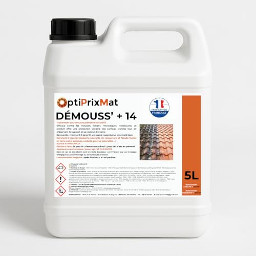 DEMOUSS’+14 - Traitement Anti-mousse Ultra Concentré (5 Litres) - 5Litres = entre 300 et 375m² traités curatif - A diluer a 1 pour 14 soit 75 litres de pret a l'emploi - Nettoyant toiture