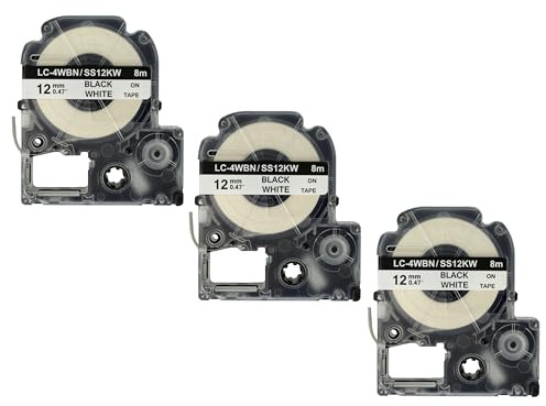 vhbw 3X Schriftband-Kassette Ersatz für Epson SS12KW, LC-4WBN für Etiketten-Drucker 8m x 12mm Schwarz auf Weiß