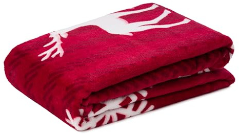 Gözze - Wohndecke Scandic, Kuscheldecke mit winterlichem Rentier-Design, Sofadecke aus Mikrofaser, 150 x 200 cm - Rot