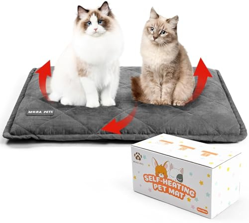 MORA PETS Self Heating Cat Bed for Indoor Cats, Thicker Warm Mat with Removable Washable Cover, Non-Slip Heated Pad for Senior Arthritic Cats, Portable Pet Cushion, Grey, 61x46cm