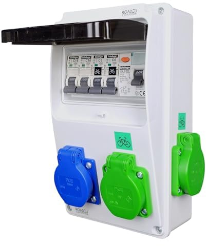 RoadEU Distributore a parete a 4 vie per e-bike e Schuko, 2 prese elettriche (verde) + 2 Schuko da 230 V, protezione FI tipo A e IP44