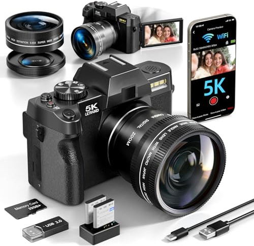 Appareil Photo numérique 5K, caméra de vlogging 48MP/60FPS, caméra de vlogging Youtube contrôlée par WiFi et Application, Appareil Photo Compact avec Carte TF 32 Go, objectifs Grand-Angle et Macro