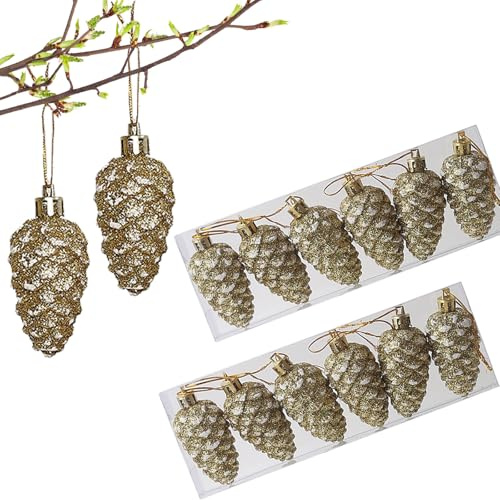 YIEUR 12 Stück weihnachtskugeln Tannenzapfen Weihnachten, Advenskranz Kiefernzapfen Weihnachtsanhänger Kunst Gold, Weihnachtszapfen Ornament Weihnachtsbaum Anhänger Tannen Zapfen Deko