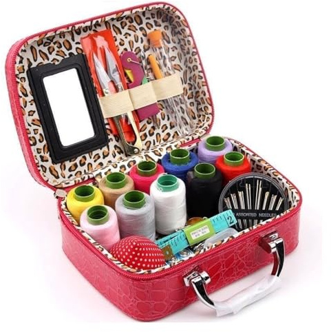 Portable Sewing Kit in Faux Leather Case, Steel Sewing Needles Kit, DIY Hand Made Craft Set for Handcraft Lovers (red)