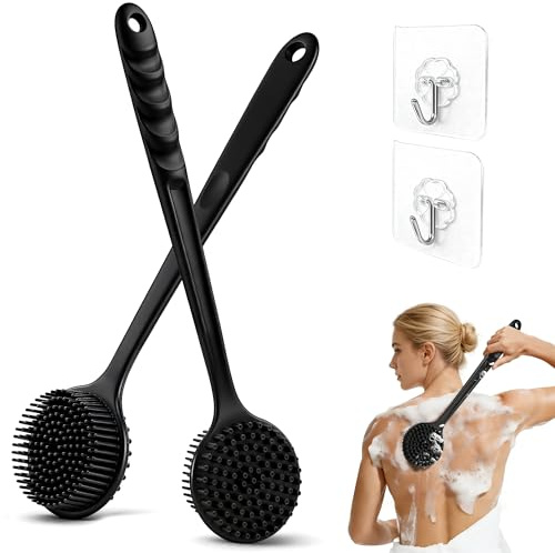 2 Stück Rückenbürste mit langem Stiel, Duschbürste doppelseitig aus Silikon, Badebürste und Rückenschrubber für Dusche, Schwarz, inkl. 2 Transparente Haken