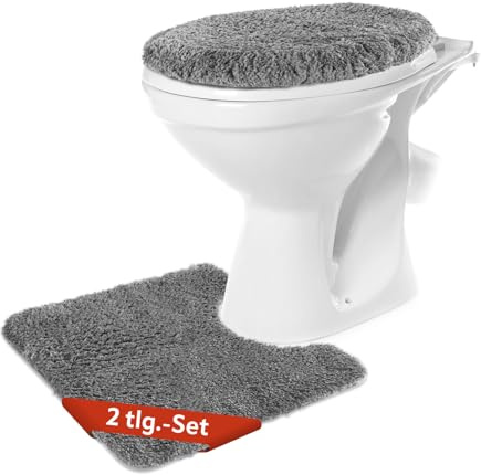 BENKSTEIN WC-Vorleger-Set 2-teilig in dunkelgrau | weich & rutschhemmend – Badgarnitur mit WC-Vorleger 50x55 cm & Deckelbezug 49x51 cm | flusenfrei & waschmaschinengeeignet | kuscheliger Badteppich