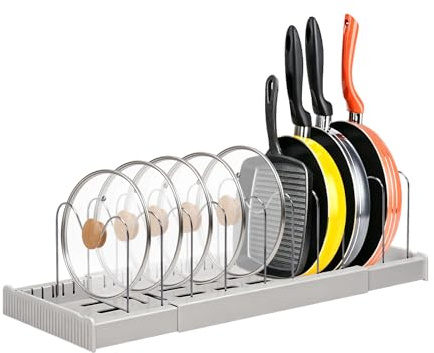 THCTYRP Soporte ajustable para tapas de ollas con 9 compartimentos, organizador de sartenes extensible para cajones, sistema de organización de cocina para ollas y latas de (gris)