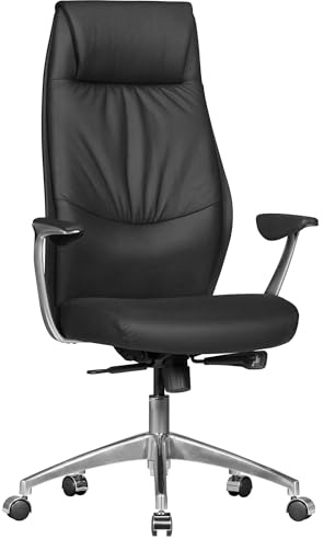 AMSTYLE Bürostuhl Echtleder Schwarz Schreibtischstuhl X-XL 120kg Synchronmechanik Chefsessel Kopfstütze hoch