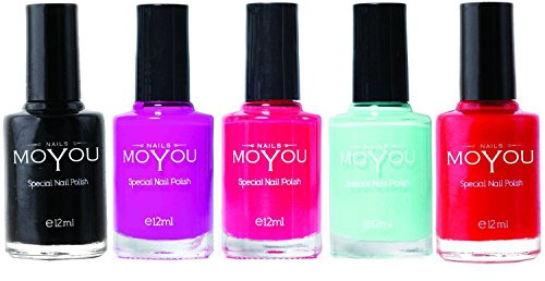 MoYou Nails Bundle of 5 Stamping Nail Polish: Nero, Ciclamino, Rosso Fuoco,Azzurro Polvere , Rosso Colori utilizzato dai professionisti del Settore Nail per ottenere decorazioni belle e alla moda provenienti direttamente dal distributore