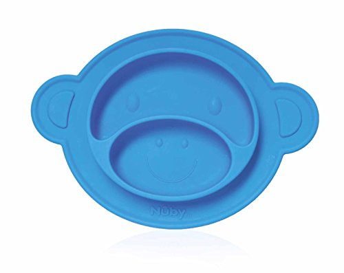 Nuby - Rutschfester/Saugfähiger Esslernteller aus Silikon - Kinder Teller/Baby Teller - Affe - Blau - 9+ Monate