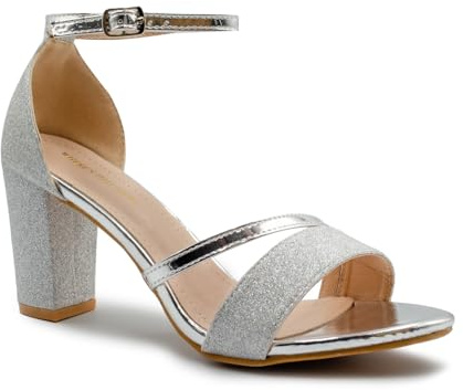 Fashion Thirsty Damen Riemensandalen mit hohem Blockabsatz - funkelnd - Silberfarben Metallic-Glitzer - EUR 41