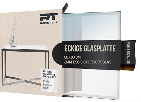 Rapid Teck Glasplatte Eckig 800 x 800 mm – Kratzfeste Tischplatte transparent