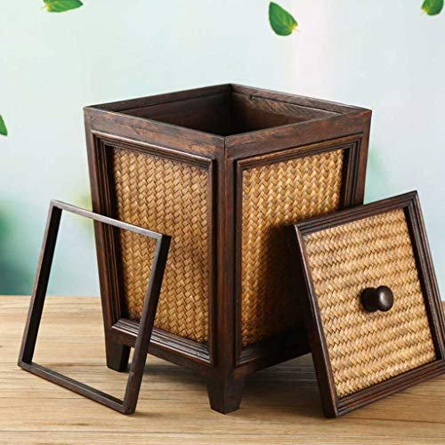 LIN HE SHOP Vintage Wooden Rattan Trash Can With Lid, 10L Waste Bin with Pressure Ring Waste Basket Delicate Waste Paper Bin for Kitchen, Living Room, Home Office