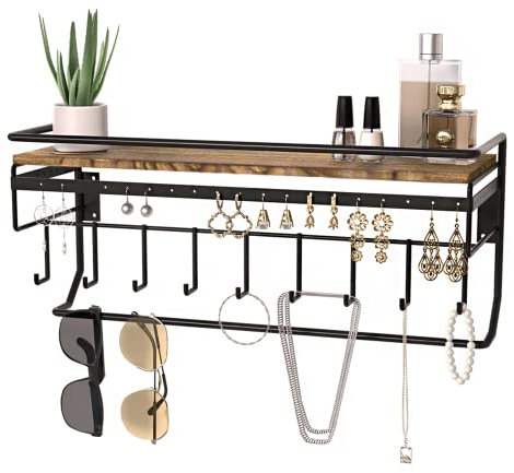 JackCubeDesign Hanging Jewelry Organizer with 9 Hooks, Wall Mount Necklace Earring Bracelet Sunglass Holder with Wood Shelf (Torched Wood,16.9 x 5.9 x 7.1 inches) - MK237C