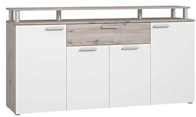 FORTE Gulada Kommode mit 4 Türen und 1 Schublade, Holzwerkstoff, Sandeiche / Weiß matt, 60 x 90 x 169,3 cm